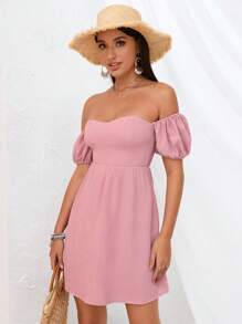 SHEIN Privé Đầm Dải chun màu trơn Boho - Hồng - Xem 4