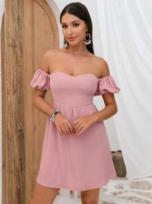 SHEIN Privé Đầm Dải chun màu trơn Boho - Hồng - Xem 6
