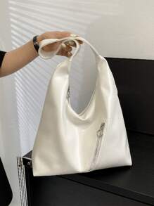 拉鏈裝飾流浪包中等白色 - 米色 - 查看 1