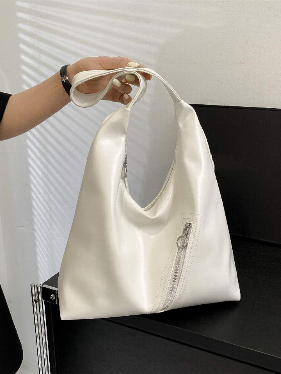 拉鏈裝飾流浪包中等白色 - 米色 - 查看 1