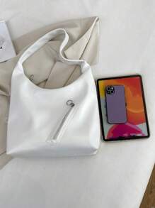 拉鏈裝飾流浪包中等白色 - 米色 - 查看 6