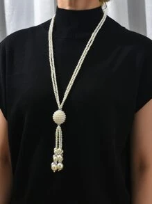 1入組時尚簡約風格長款人造珍珠流蘇項鍊適合女士 - 白色 - 查看 1