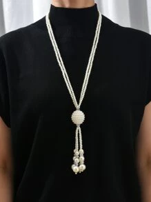 1入組時尚簡約風格長款人造珍珠流蘇項鍊適合女士 - 白色 - 查看 4