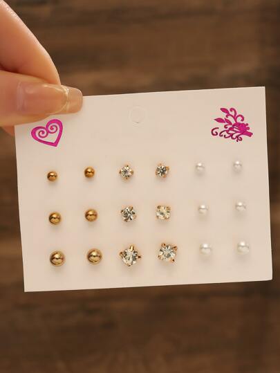 9對/組鑲嵌水鑽和仿珍珠裝飾耳針