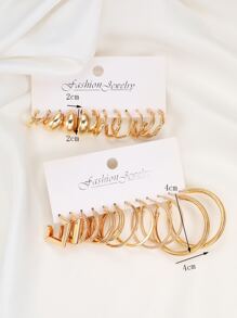 12對/套時尚鋅合金紋理質感圓耳環適合女士日常裝飾 - 金黃色 - 查看 4