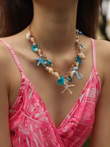 1 pieza Collar con cuentas de conchas marinas de estilo bohemio, collar de mujer para viajes, collar casual de fiesta en la playa de día festivo versátil y sexy con perlas y conchas marinas, joyería para mujeres