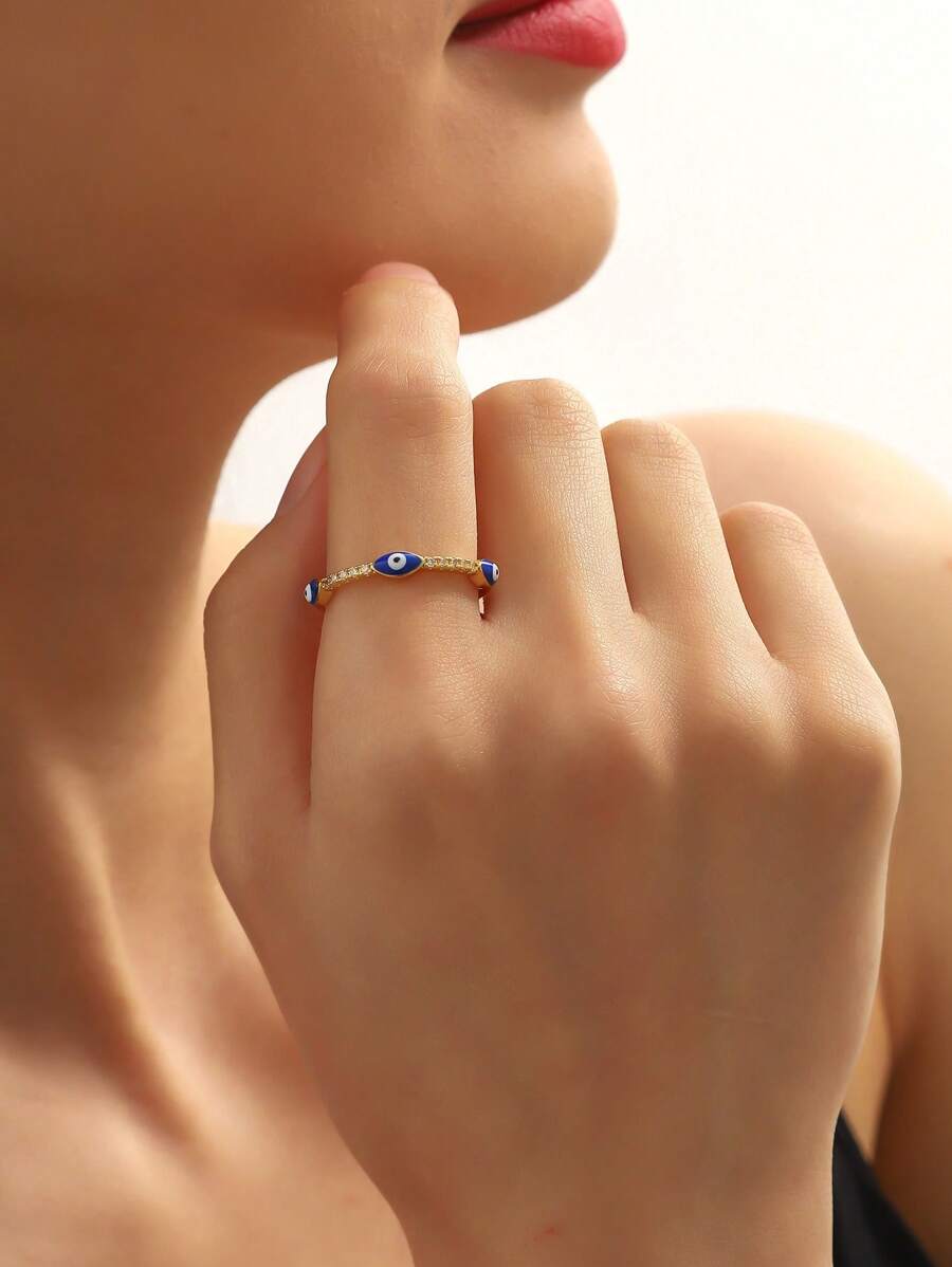 邪惡之眼裝飾開口戒指 - 金黃色 - 查看 1
