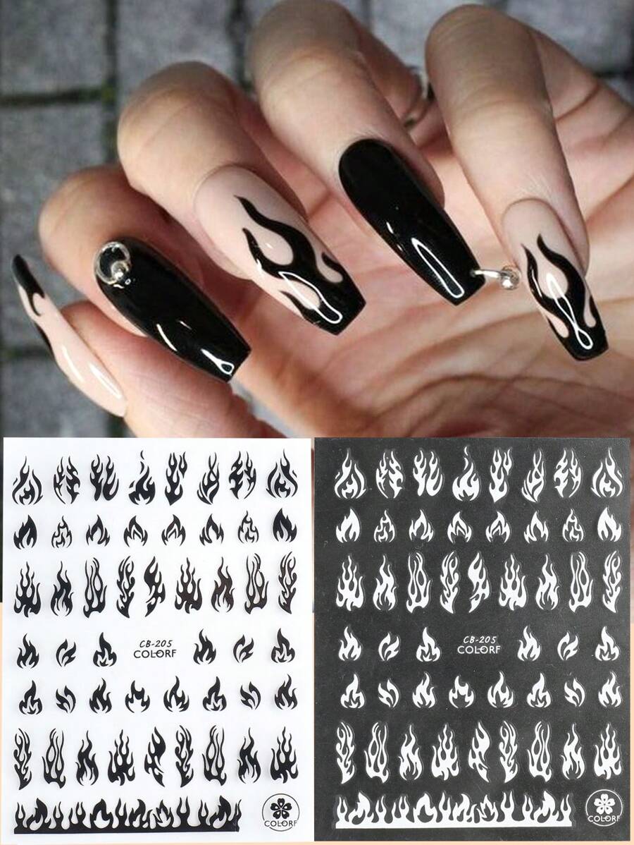FULL BEAUTY 2 hojas de calcomanías de arte de uñas con estampado de fuego, calcomanías para uñas DIY, suministros para uñas - Blanco y Negro - Ver 1