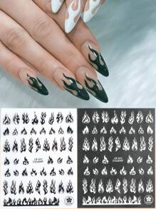 FULL BEAUTY 2 hojas de calcomanías de arte de uñas con estampado de fuego, calcomanías para uñas DIY, suministros para uñas - Blanco y Negro - Ver 2