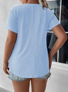 SHEIN LUNE Áo thun Plus size Sọc Giải trí - Xanh và trắng - Xem 2