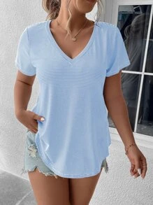 SHEIN LUNE Áo thun Plus size Sọc Giải trí - Xanh và trắng - Xem 3