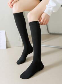 1雙運動壓縮瑜伽素色高筒襪 - 黑色 - 查看 1