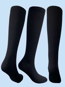 1雙運動壓縮瑜伽素色高筒襪 - 黑色 - 查看 2