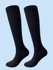 1雙運動壓縮瑜伽素色高筒襪 - 黑色 - 查看 5