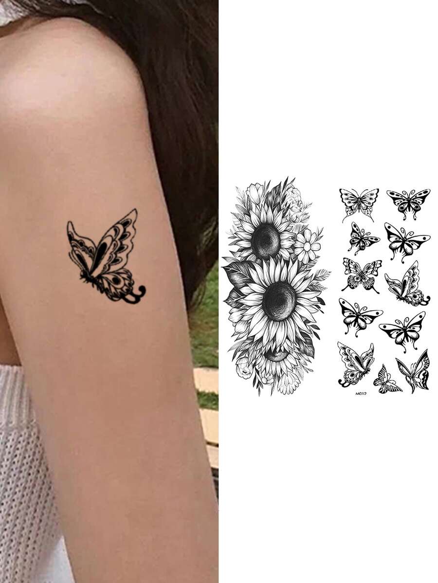 2 hojas Pegatina tatuaje con girasol & con patrón de mariposa - Negro - Ver 1