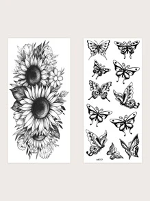 2 hojas Pegatina tatuaje con girasol & con patrón de mariposa - Negro - Ver 2