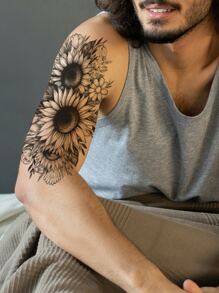 2 hojas Pegatina tatuaje con girasol & con patrón de mariposa - Negro - Ver 5
