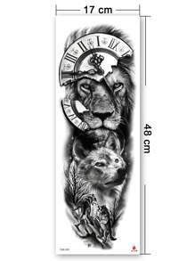 1 Sheet Large-Size Body Art Temporary Tattoo Sticker Suitable For Women Or Men, Lion, Wolf, And Clock Patterns Full Arm/Sleeve Tattoos. Waterproof Fake Tattoo, Lasting 2-5 Days. Can Be Used On The Arms, Back, And Legs. Perfect For Holidays, Parties, And Halloween. - Black - View 6