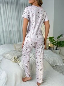 Floral Print Lettuce Trim Tee & Pants PJ Set / Pajama Set Bridallingerie - White - View 2