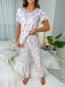 Floral Print Lettuce Trim Tee & Pants PJ Set / Pajama Set Bridallingerie - White - View 6