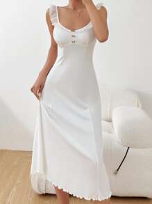 荷叶边饰纽扣前吊带睡衣睡裙长裙 - 白色 - 查看 3