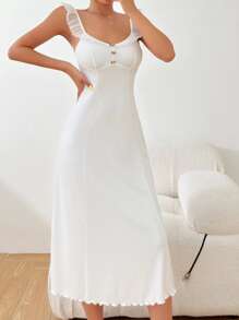 荷叶边饰纽扣前吊带睡衣睡裙长裙 - 白色 - 查看 4