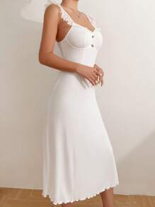 荷叶边饰纽扣前吊带睡衣睡裙长裙 - 白色 - 查看 5