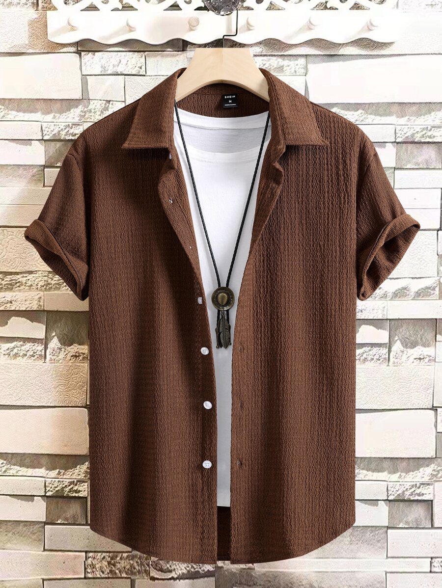 Manfinity Homme 男士素色前排扣襯衫不帶T恤 - 咖啡棕 - 查看 1