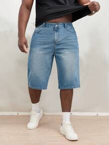 Manfinity RebelGame Men Plus Cotton Slant Pocket Bermuda Denim Shorts - Light Wash - View 1