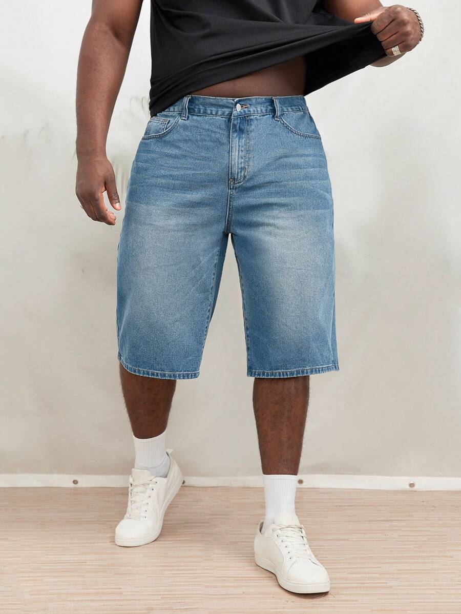 Manfinity RebelGame Men Plus Cotton Slant Pocket Bermuda Denim Shorts - Light Wash - View 1