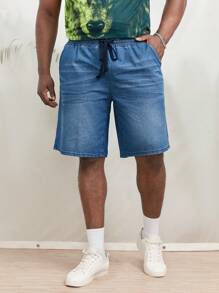 Manfinity RebelGame 男士棉腰部抽繩牛仔短褲 - 中等水洗藍 - 查看 1