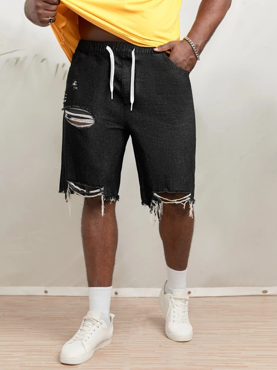 Manfinity RebelGame Hombres Shorts mezclilla bermuda algodón desgarro bajo crudo de cintura con cordón - Negro - Ver 1