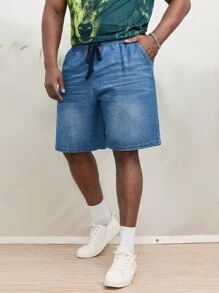 Manfinity RebelGame 男士棉腰部抽繩牛仔短褲 - 中等水洗藍 - 查看 4