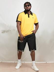 Manfinity RebelGame Hombres Shorts mezclilla bermuda algodón desgarro bajo crudo de cintura con cordón - Negro - Ver 3