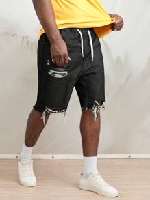 Manfinity RebelGame Hombres Shorts mezclilla bermuda algodón desgarro bajo crudo de cintura con cordón - Negro - Ver 5