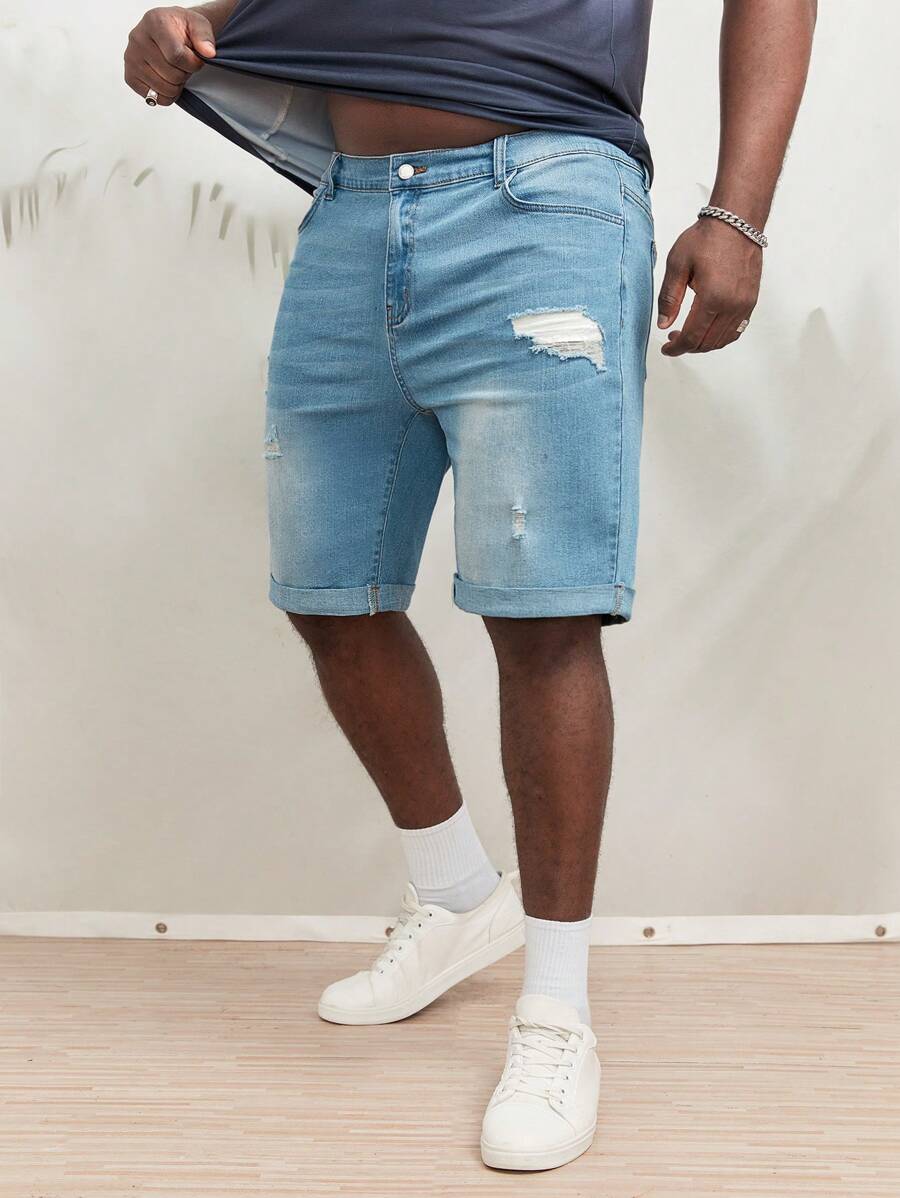 Manfinity VCAY Men Plus Cotton Ripped Frayed Bleach Wash Bermuda Denim Shorts - Light Wash - View 1
