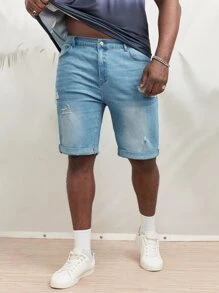 Manfinity VCAY Men Plus Cotton Ripped Frayed Bleach Wash Bermuda Denim Shorts - Light Wash - View 4