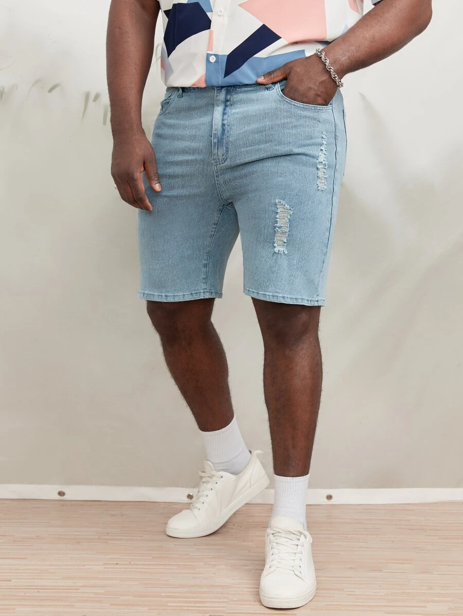 Manfinity RebelGame Men Plus Ripped Frayed Denim Shorts - Light Wash - View 1