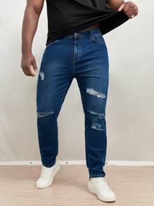 Manfinity EMRG Hombres Jeans ajustados desgarro - Azul lavado oscuro - Ver 1