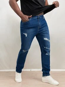 Manfinity EMRG Hombres Jeans ajustados desgarro - Azul lavado oscuro - Ver 3