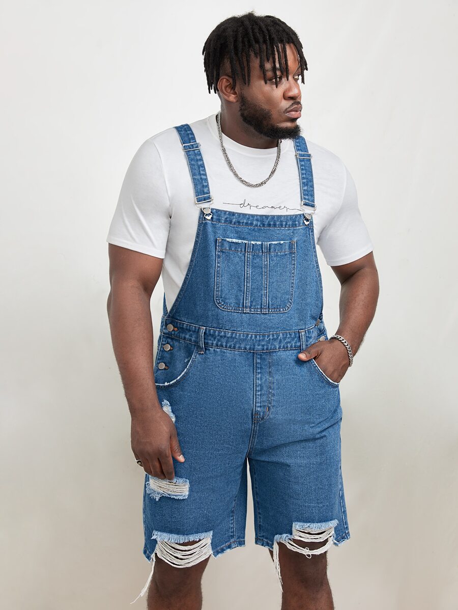 Manfinity RebelGame Men Ripped Raw Hem Denim Dungaree Romper Without Tee - Medium Wash - View 1