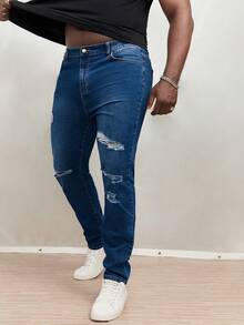 Manfinity EMRG Hombres Jeans ajustados desgarro - Azul lavado oscuro - Ver 4