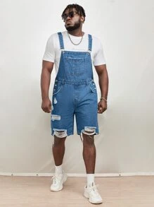 Manfinity RebelGame Men Ripped Raw Hem Denim Dungaree Romper Without Tee - Medium Wash - View 5