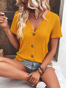 SHEIN LUNE Áo thun nữ Nút phía trước màu trơn Giải trí - Màu vàng - Xem 1