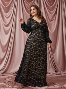 Modelyn 大碼燈籠袖蕾絲覆蓋洋裝 - 黑色 - 查看 1