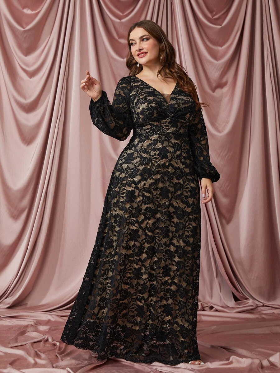 Modelyn 大碼燈籠袖蕾絲覆蓋洋裝 - 黑色 - 查看 1