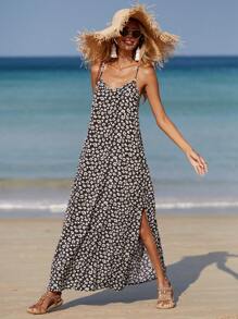 EMERY ROSE Ditsy Floral Print Split Thigh Cami Dress Maxi Women Outfit - Black and White - View 6
