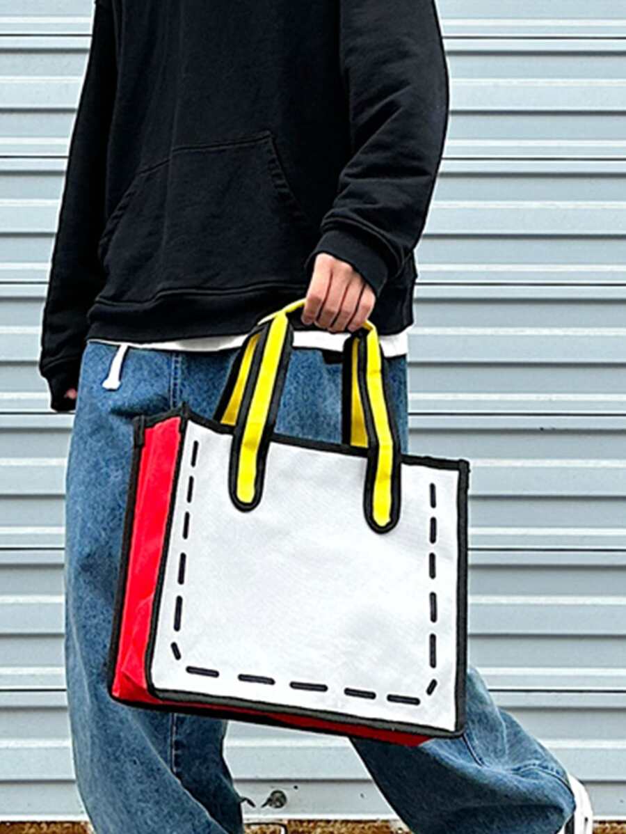 拼色手提包中號雙手柄海灘包購物袋可重複使用包行李袋、旅行書包、學院、學校購物包度假必備外出便攜式輕便 - 灰色 - 查看 1