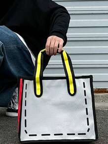 拼色手提包中號雙手柄海灘包購物袋可重複使用包行李袋、旅行書包、學院、學校購物包度假必備外出便攜式輕便 - 灰色 - 查看 2