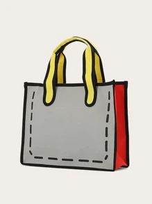 拼色手提包中號雙手柄海灘包購物袋可重複使用包行李袋、旅行書包、學院、學校購物包度假必備外出便攜式輕便 - 灰色 - 查看 3